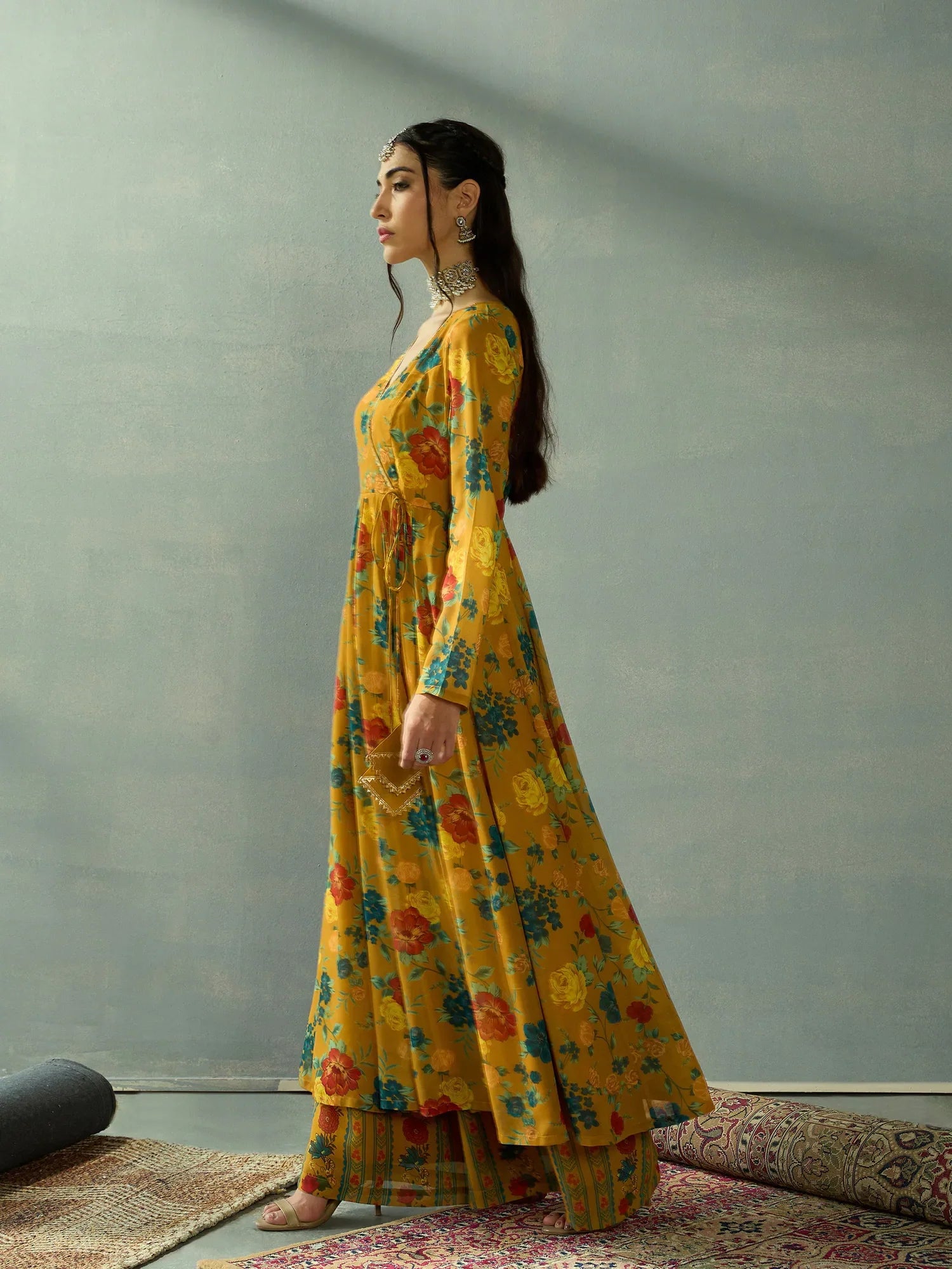 Floral Anarkali Kurta Set for Women | Mustard Co Ord Sets