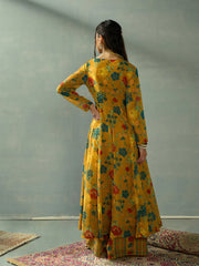 Women Mustard Floral Wrap Anarkali Kurta With Straight Pants-SHSET96049