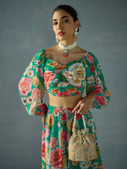 Women Green Floral Ruching Top With Anarkali Skirt-SHSET96051