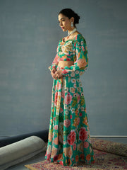 Women Green Floral Ruching Top With Anarkali Skirt-SHSET96051