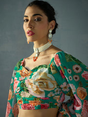 Women Green Floral Ruching Top With Anarkali Skirt-SHSET96051