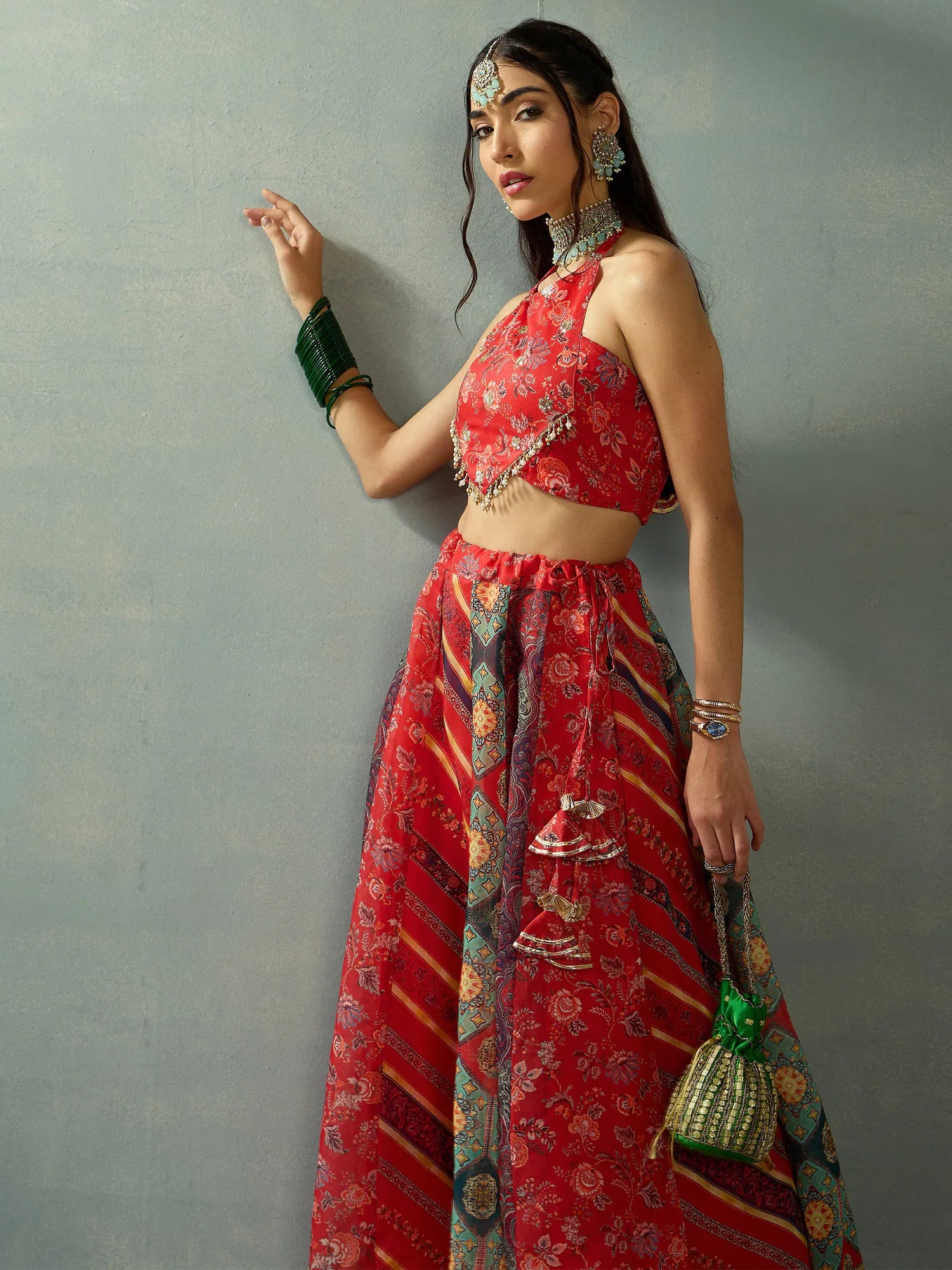 Red Halter Neck Lehenga Choli - Designer Women's Lehenga