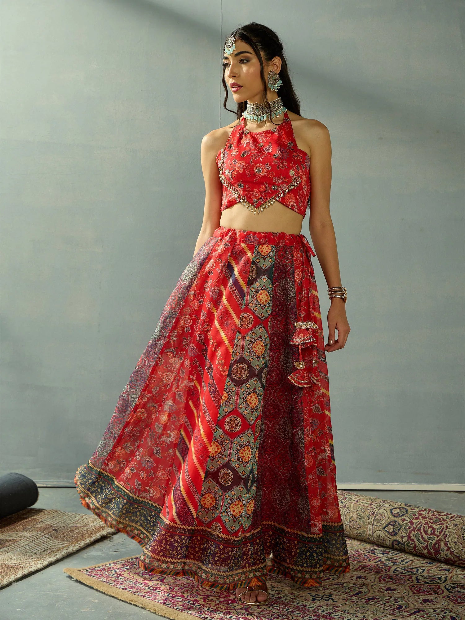 Red Halter Neck Lehenga Choli - Designer Women's Lehenga