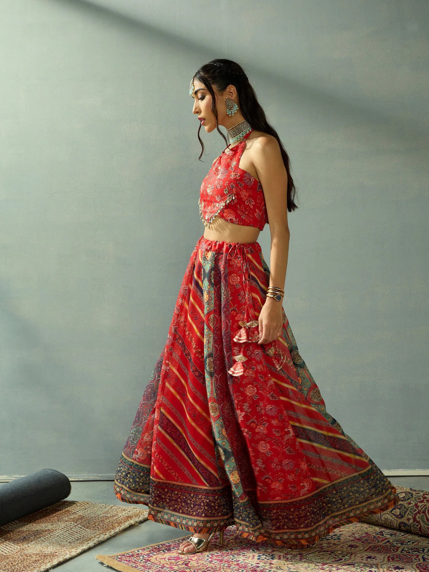 Red Halter Neck Lehenga Choli - Designer Women's Lehenga