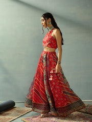Women Red Halter Neck Crop Top With Anarkali Skirt-SHSET96052