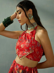 Women Red Halter Neck Crop Top With Anarkali Skirt-SHSET96052