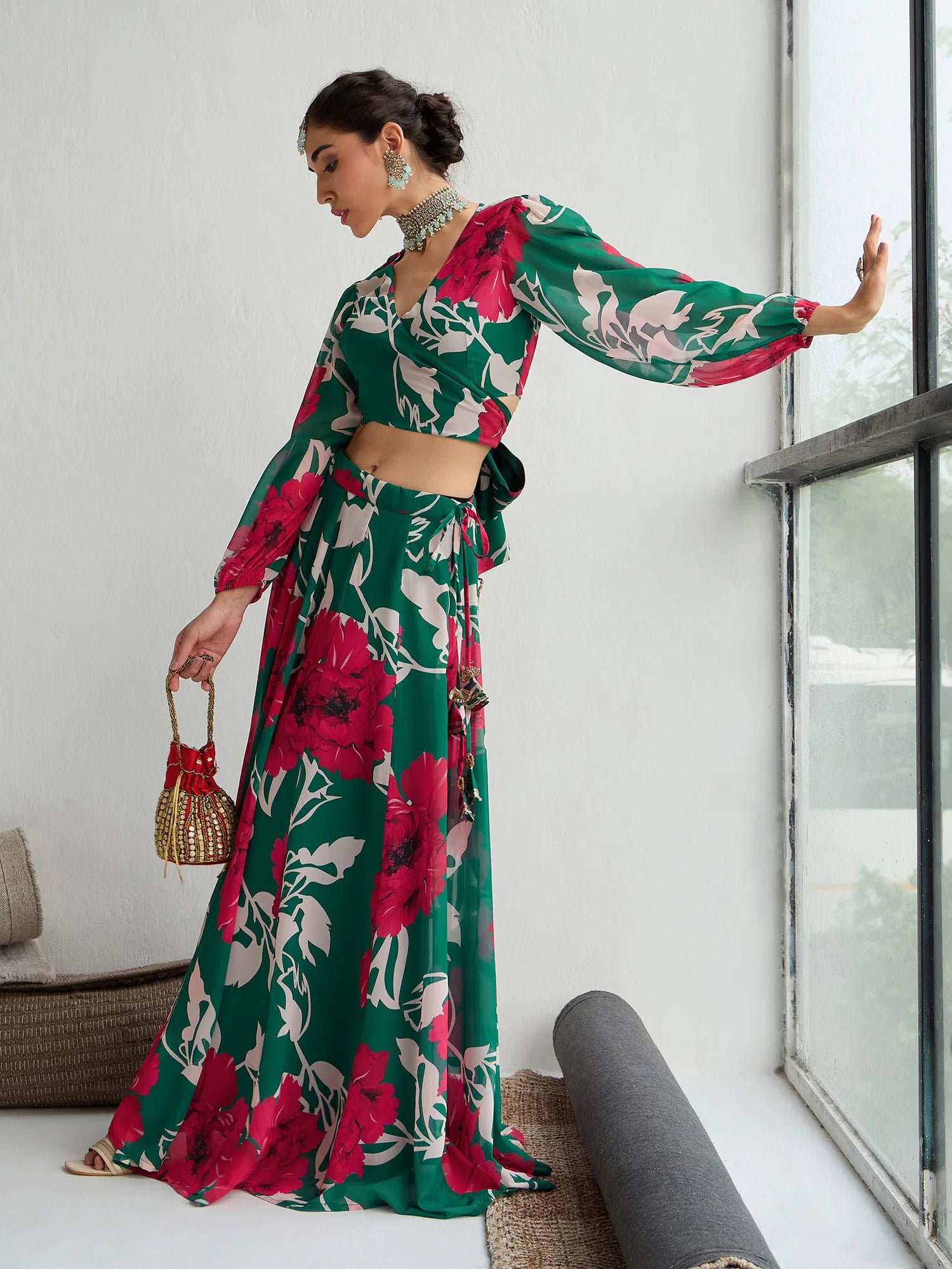 Floral Lehenga Choli Set: Green & Red Wrap Top Anarkali Skirt
