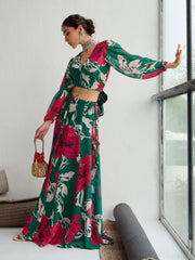 Women Green & Red Floral Wrap Top With Anarkali Skirt-SHSET96055