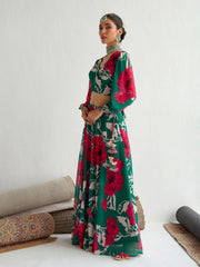 Women Green & Red Floral Wrap Top With Anarkali Skirt-SHSET96055