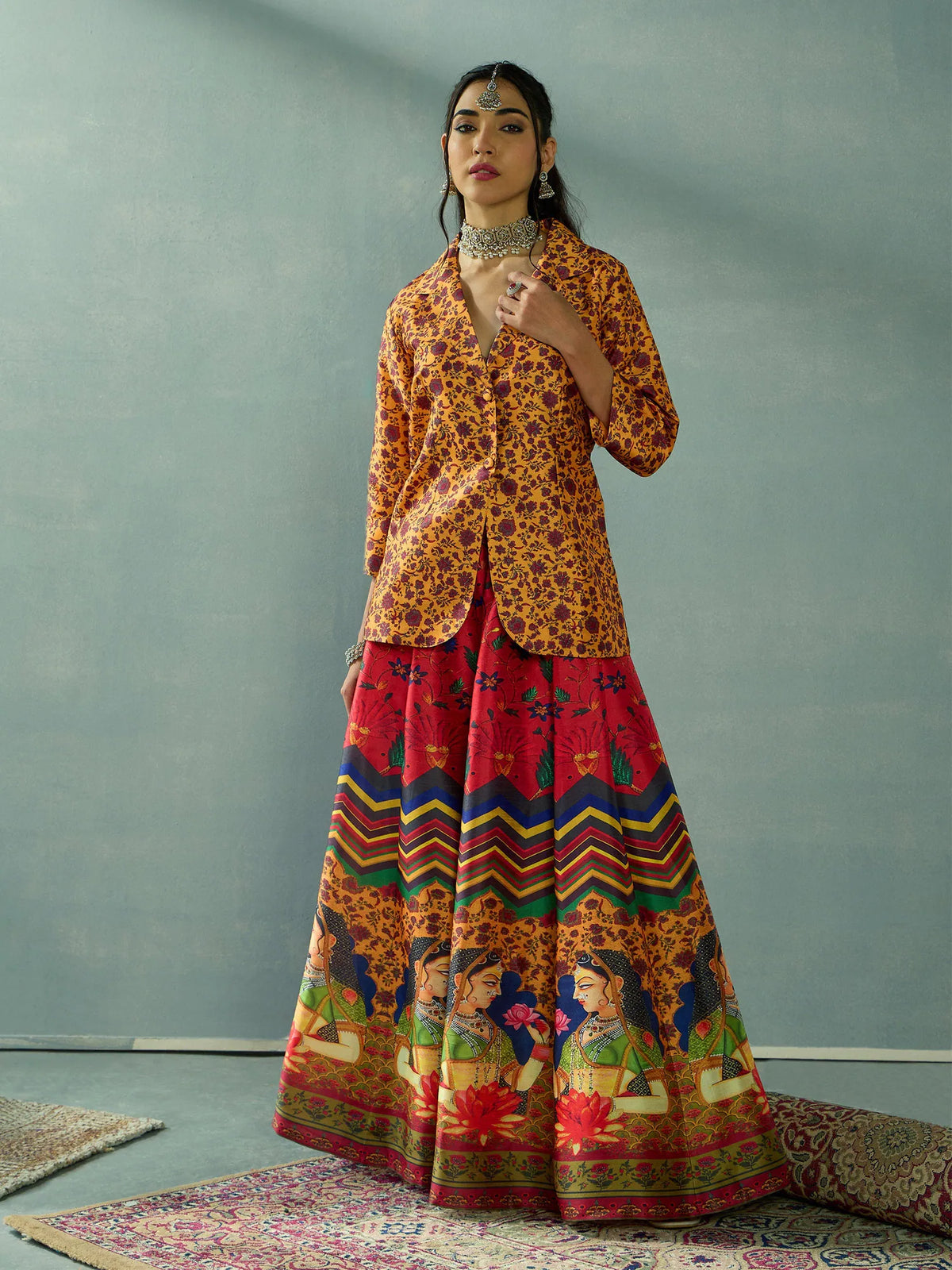 Women Mustard Multi Floral Blazer Top With Anarkali Skirt-SHSET96058