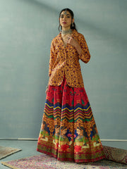 Women Mustard Multi Floral Blazer Top With Anarkali Skirt-SHSET96058