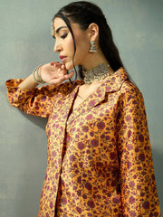 Women Mustard Multi Floral Blazer Top With Anarkali Skirt-SHSET96058