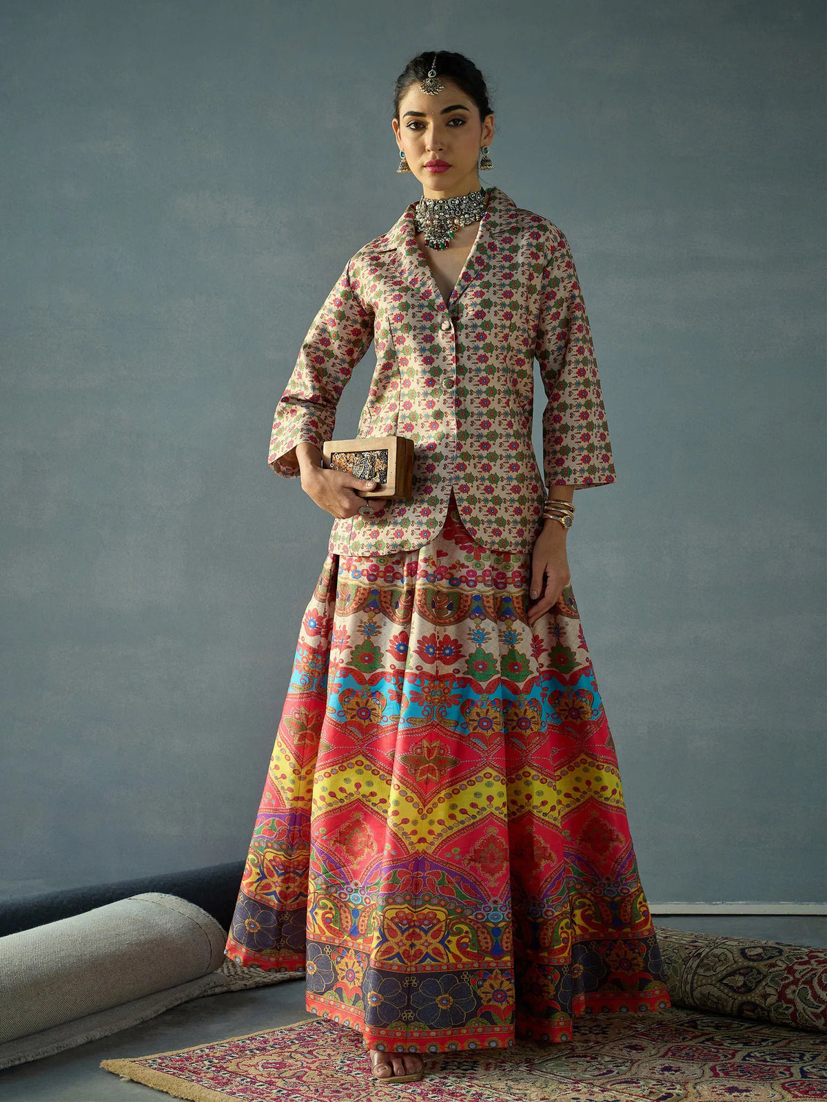 Women Beige Multi Floral Blazer Top With Anarkali Skirt-SHSET96059