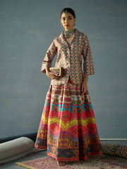 Women Beige Multi Floral Blazer Top With Anarkali Skirt-SHSET96059