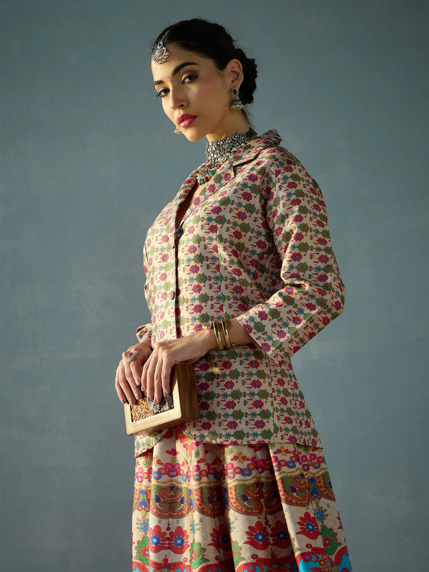 Floral Lehenga Choli Set: Beige Blazer & Anarkali Skirt | Women