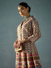Women Beige Multi Floral Blazer Top With Anarkali Skirt-SHSET96059