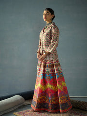 Women Beige Multi Floral Blazer Top With Anarkali Skirt-SHSET96059