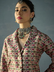Women Beige Multi Floral Blazer Top With Anarkali Skirt-SHSET96059