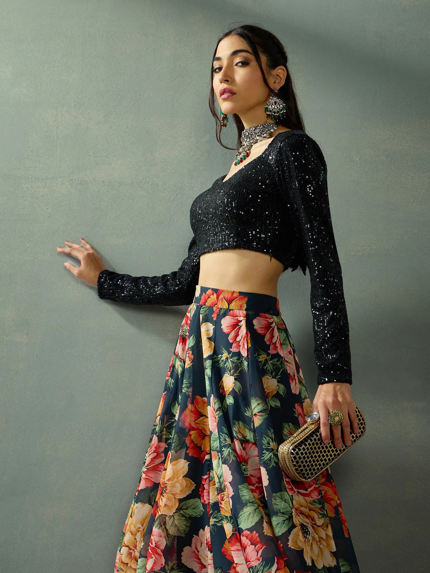 Black Sequin Skirt Set | Women's Designer Lehenga Choli