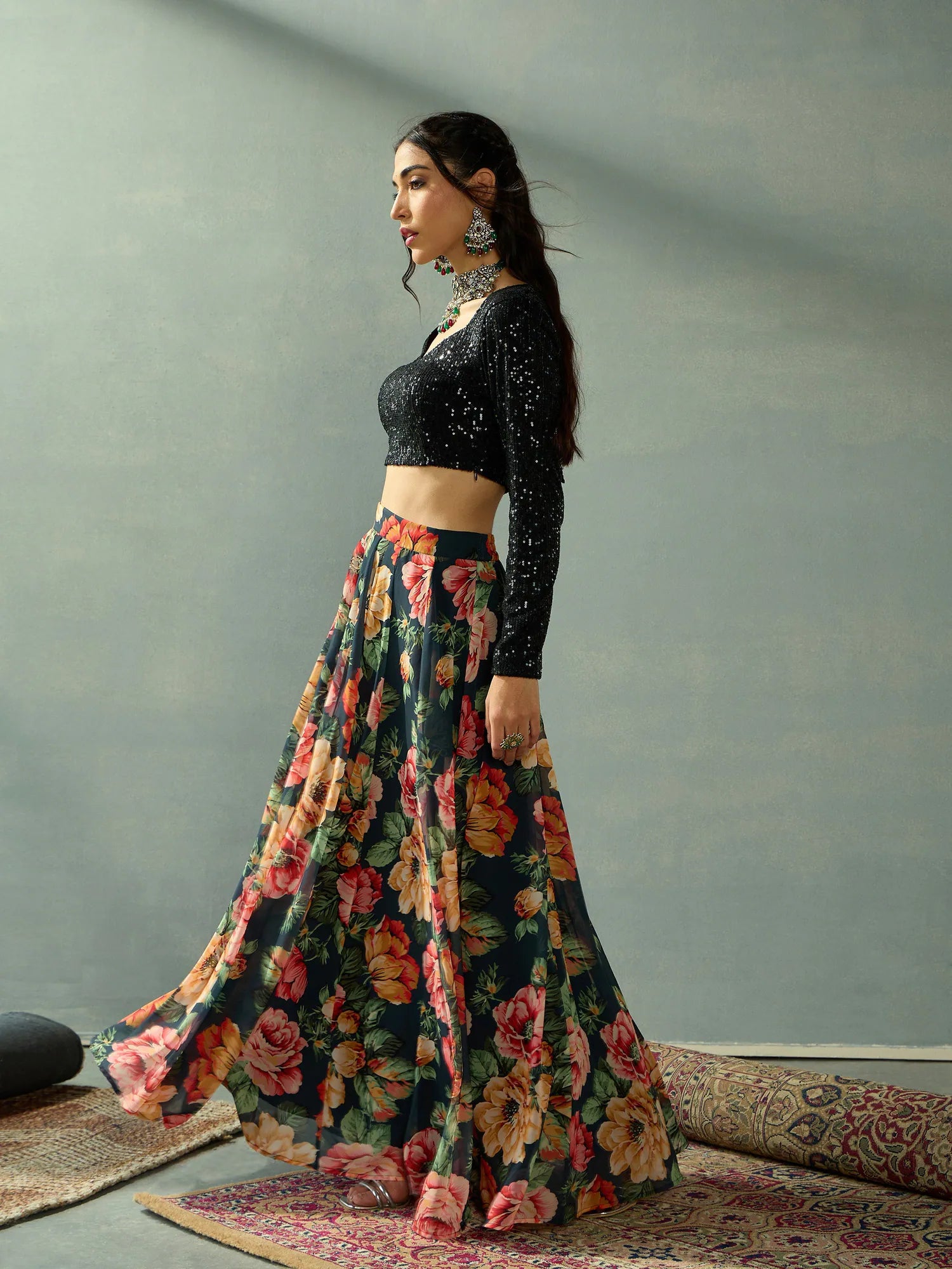 Black Sequin Skirt Set Women's Designer Lehenga Choli