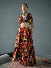 Women Black Floral Ruching Crop Top With Anarkali Skirt-SHSET96062