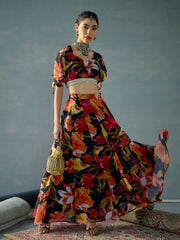 Women Black Floral Ruching Crop Top With Anarkali Skirt-SHSET96062