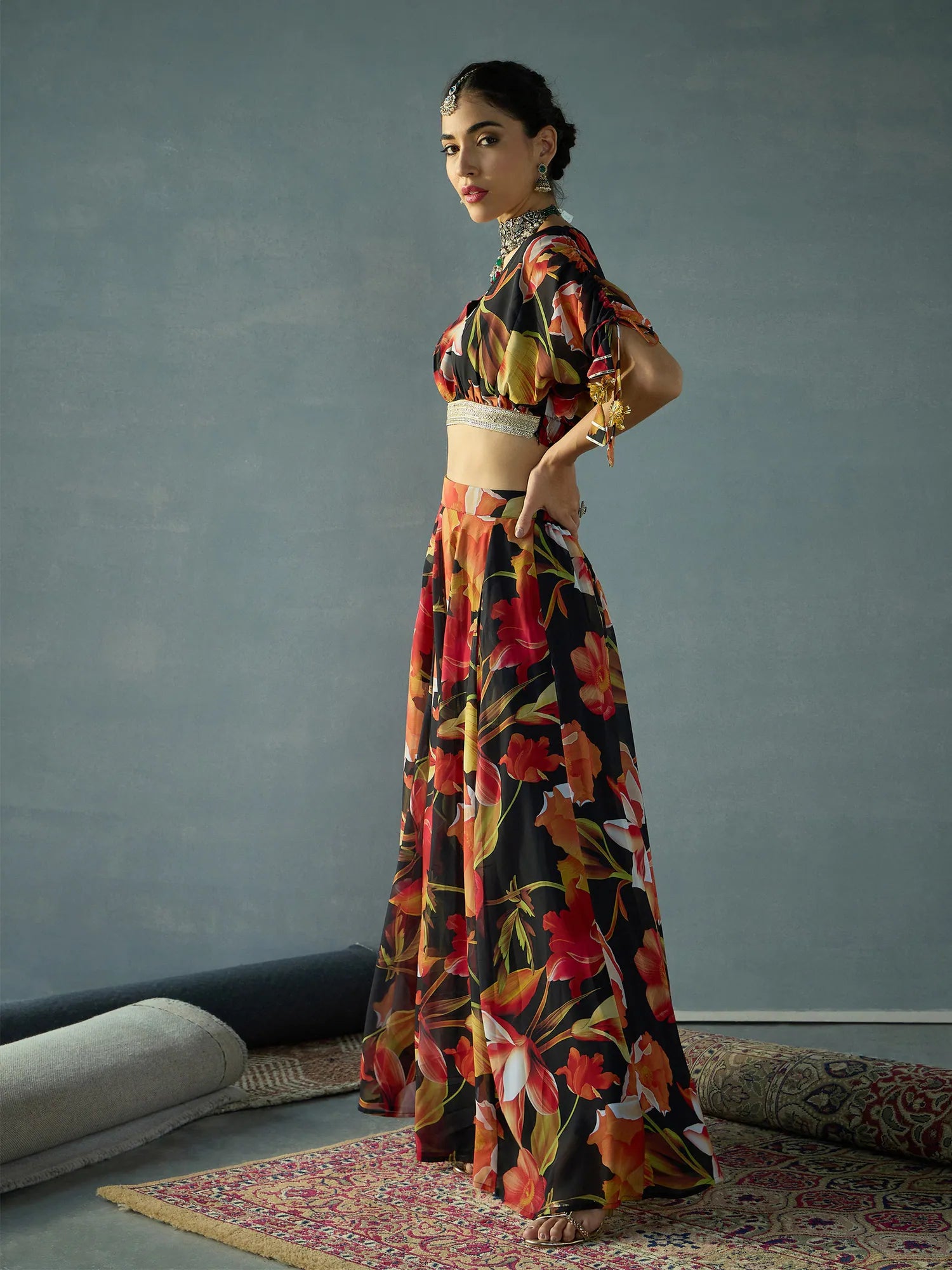 Black Floral Lehenga Choli Set | Ruching Crop Top & Anarkali S...