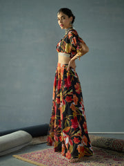 Women Black Floral Ruching Crop Top With Anarkali Skirt-SHSET96062