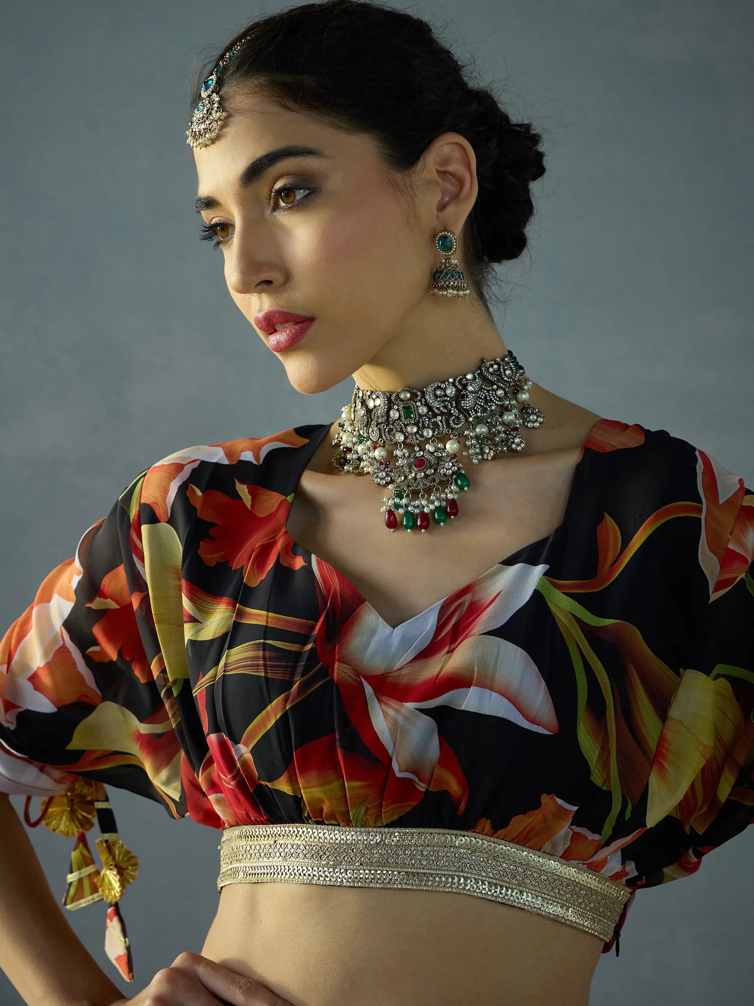 Black Floral Lehenga Choli Set | Ruching Crop Top & Anarkali S...