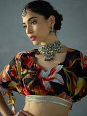 Women Black Floral Ruching Crop Top With Anarkali Skirt-SHSET96062