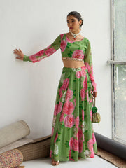 Women Green Floral Crop Top With Anarkali Skirt-SHSET96063
