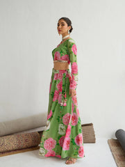 Women Green Floral Crop Top With Anarkali Skirt-SHSET96063