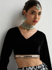 Women Black Velvet Crop Top With Anarkali Skirt-SHSET96065