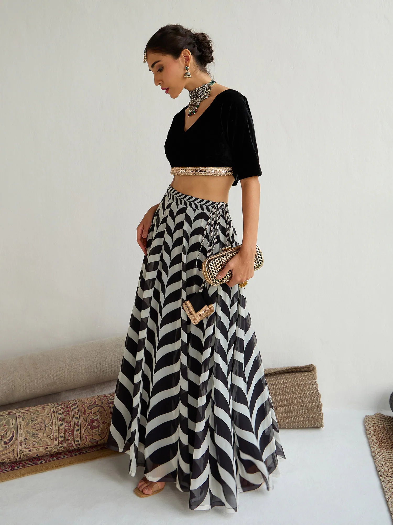 Black Velvet Short Sleeve Lehenga Choli | Ethnic Women's Outfit