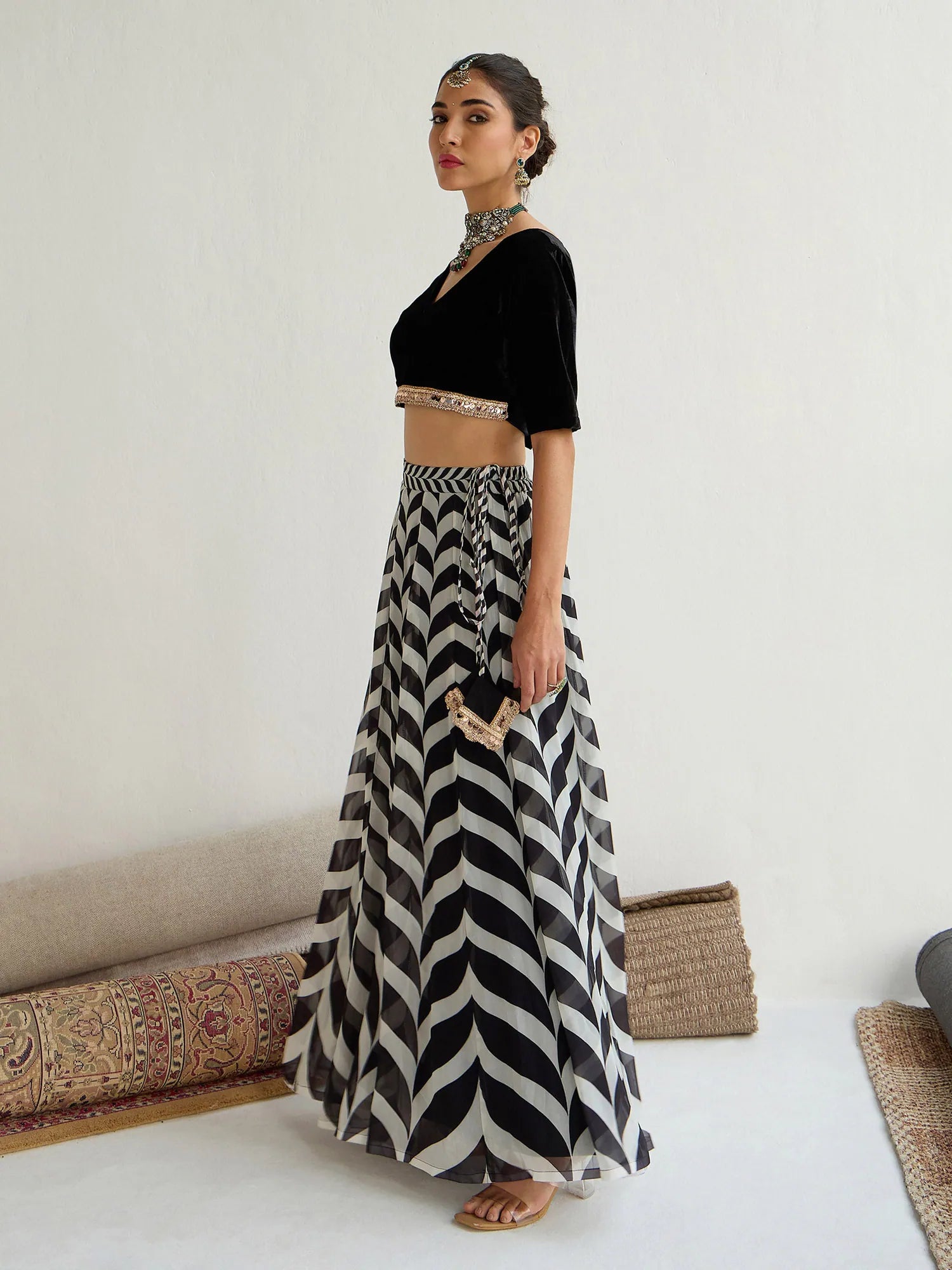 Black Velvet Short Sleeve Lehenga Choli | Ethnic Women's Outfit