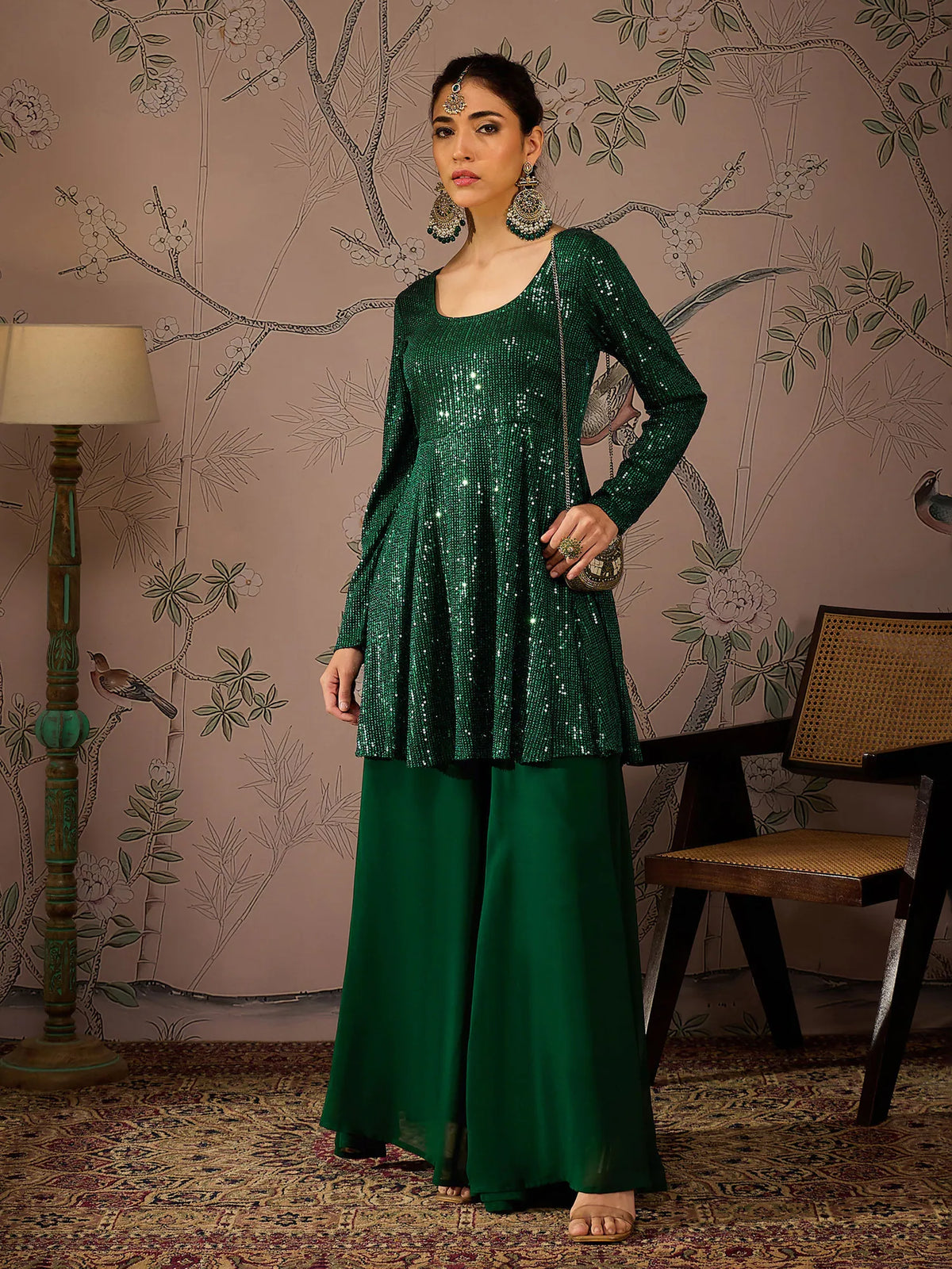 Women Emerald Green Sequins Peplum Top With Flared Pants-SHSET96068