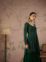 Women Emerald Green Sequins Peplum Top With Flared Pants-SHSET96068
