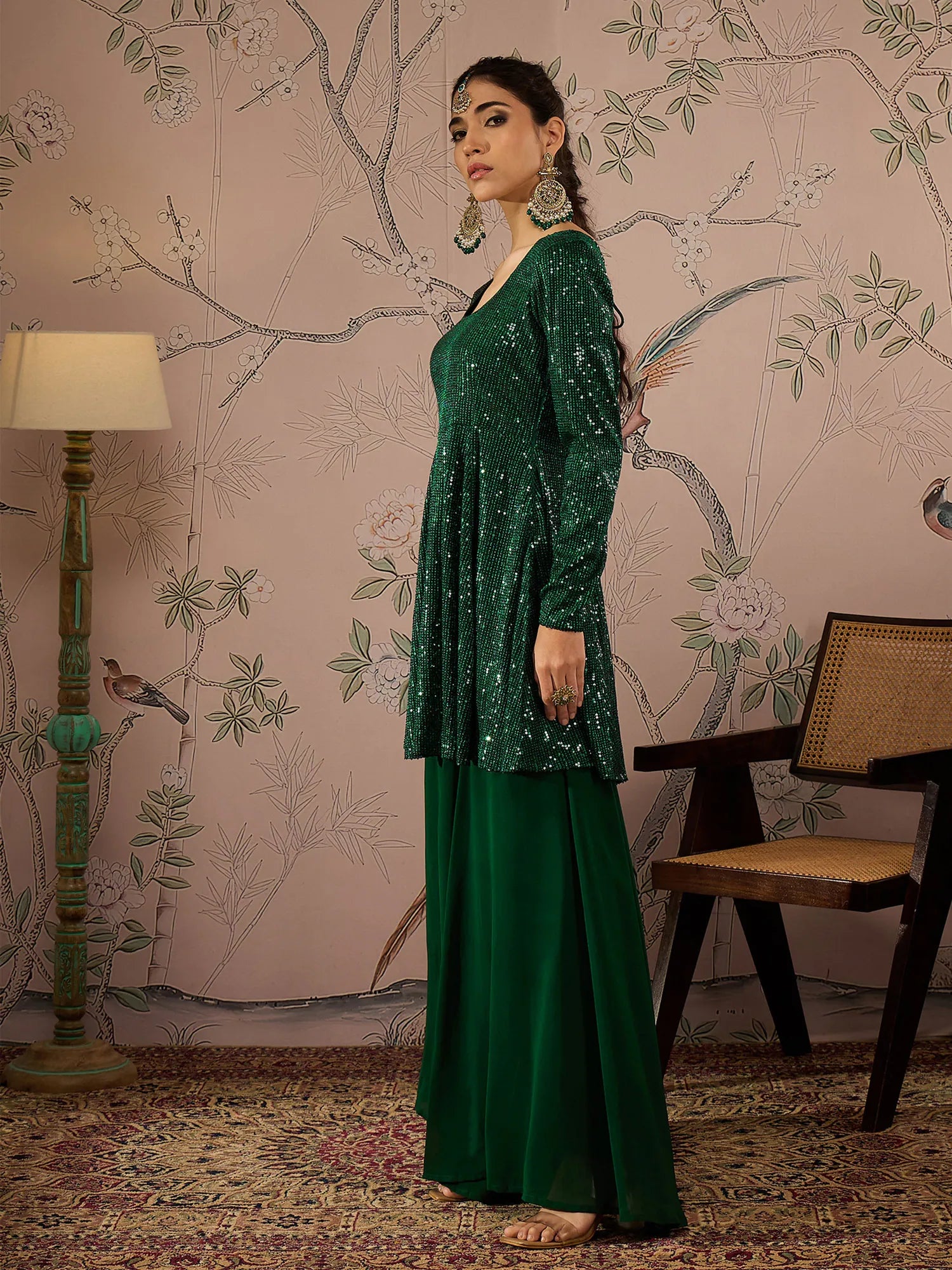 Emerald Green Sequin Women's Kurta Sets With Flared Pants