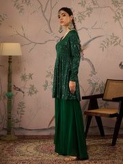 Women Emerald Green Sequins Peplum Top With Flared Pants-SHSET96068