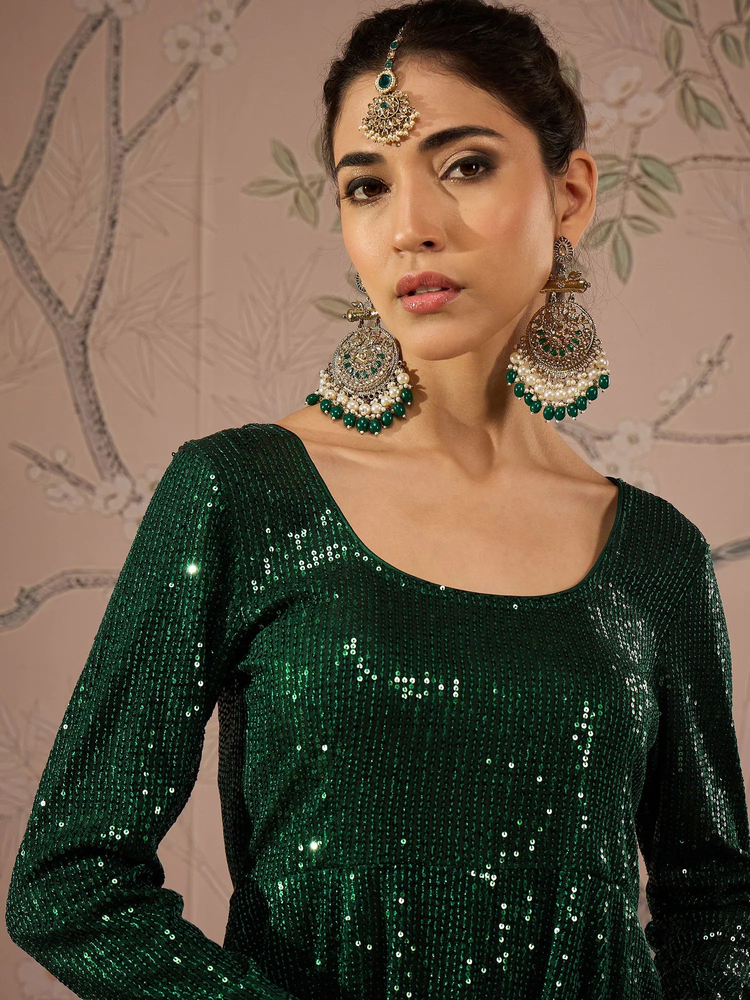 Emerald Green Sequin Women's Kurta Sets With Flared Pants