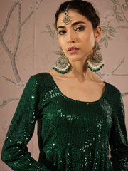 Women Emerald Green Sequins Peplum Top With Flared Pants-SHSET96068