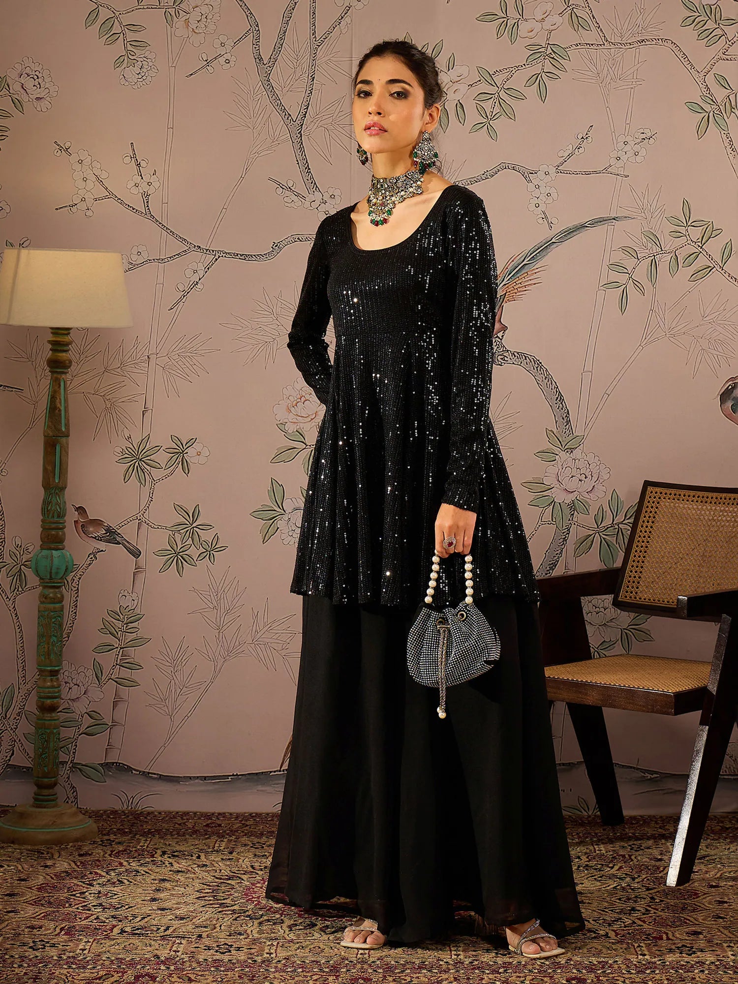 Black Sequin Peplum Top and Flared Pants | Women's Kurta Sets