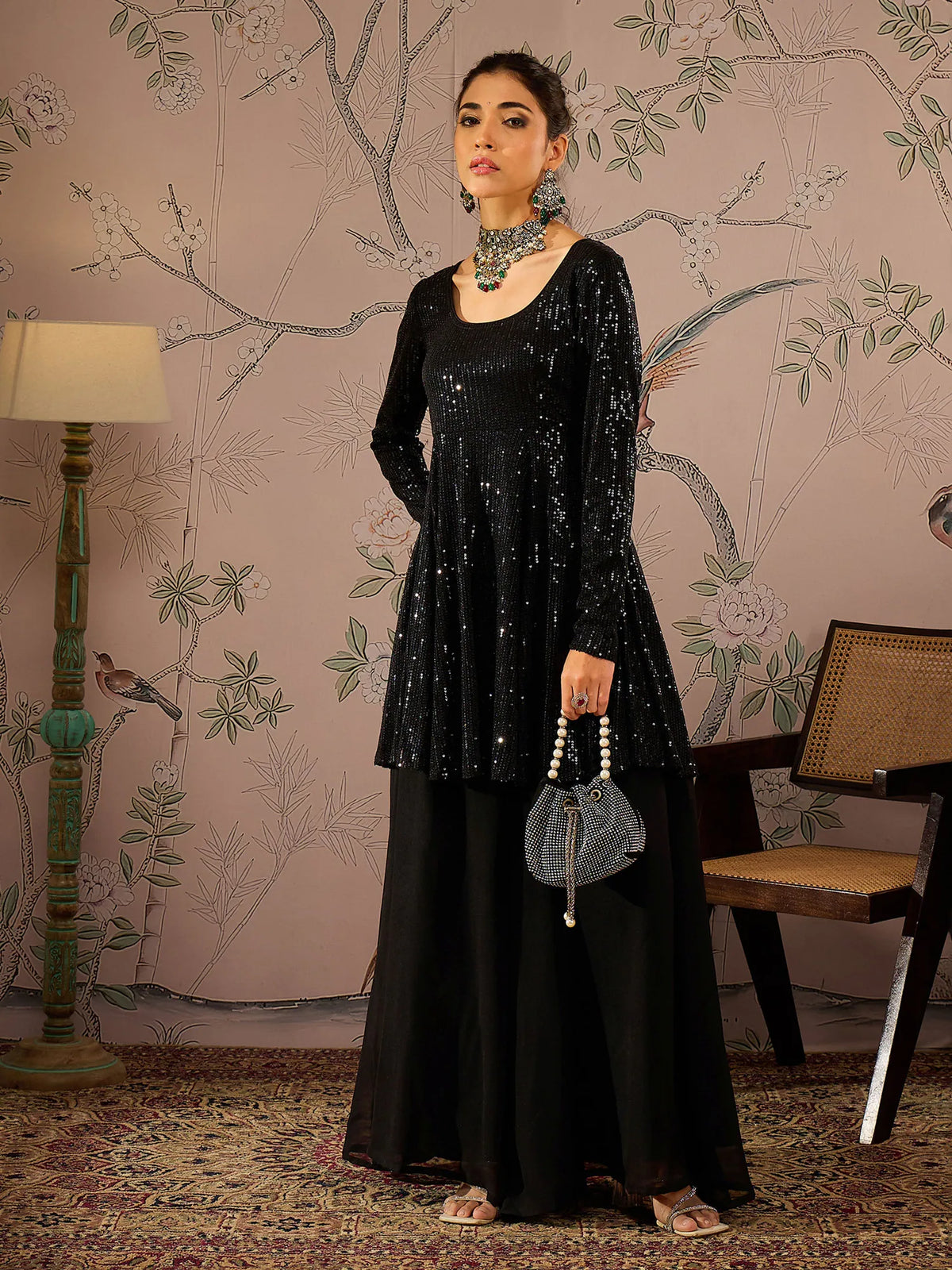 Women Black Sequins Peplum Top With Flared Pants-SHSET96069