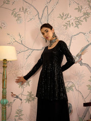 Women Black Sequins Peplum Top With Flared Pants-SHSET96069