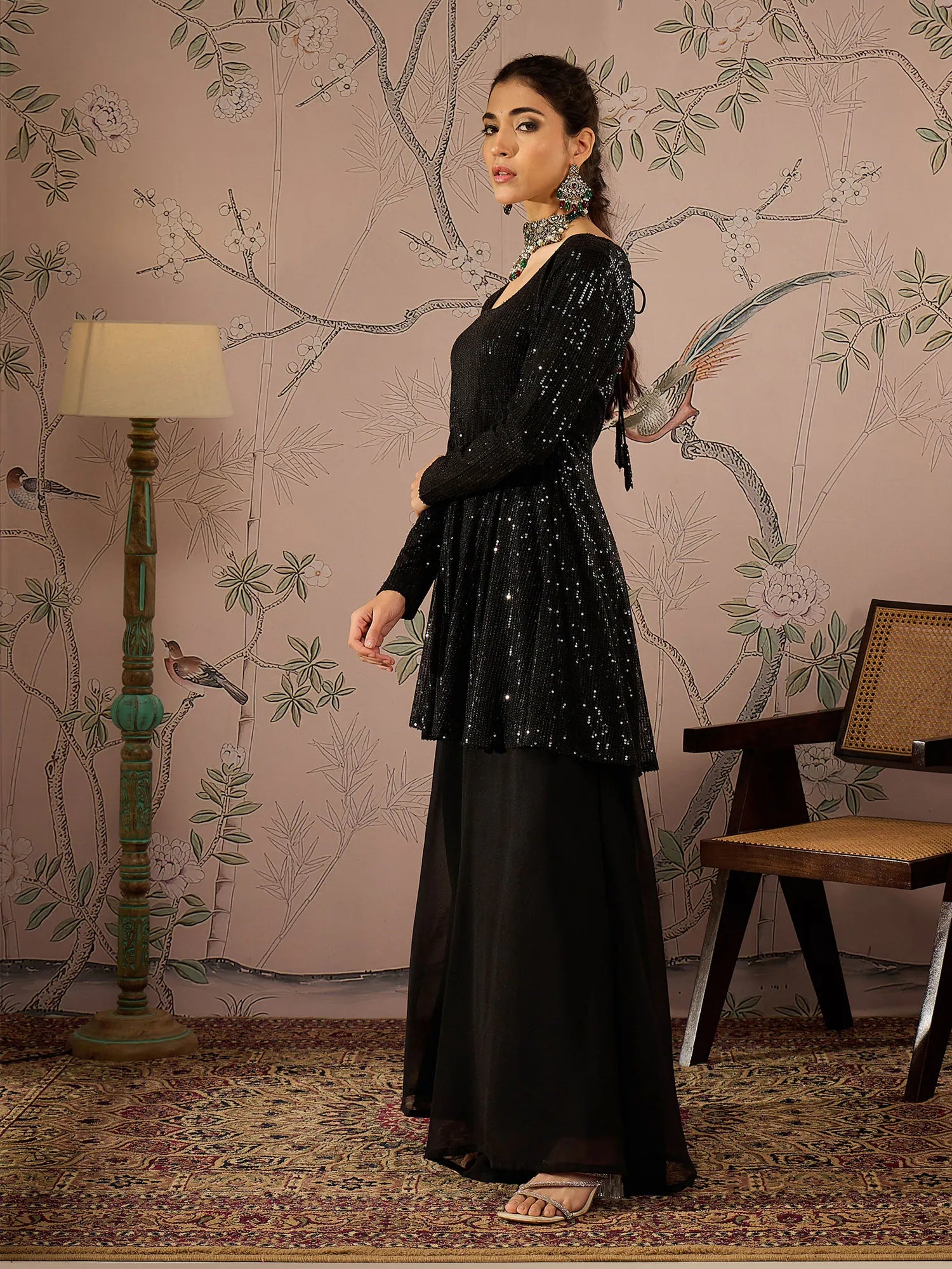 Black Sequin Peplum Top and Flared Pants | Women's Kurta Sets