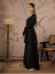 Women Black Sequins Peplum Top With Flared Pants-SHSET96069
