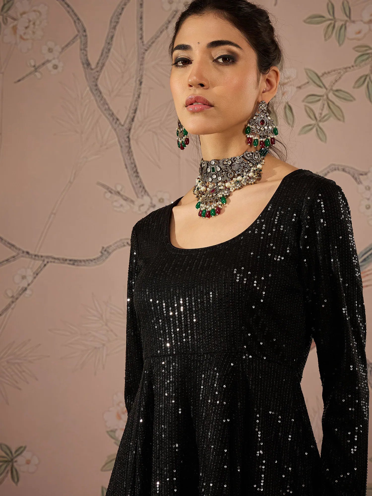 Black Sequin Peplum Top and Flared Pants | Women's Kurta Sets