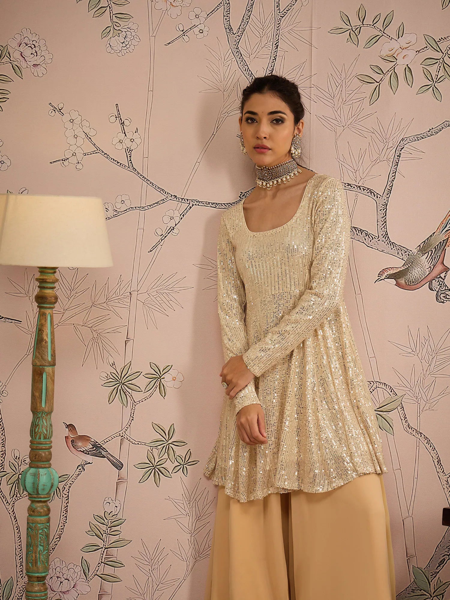Gold Sequin Women's Designer Kurta Sets With Flared Pants