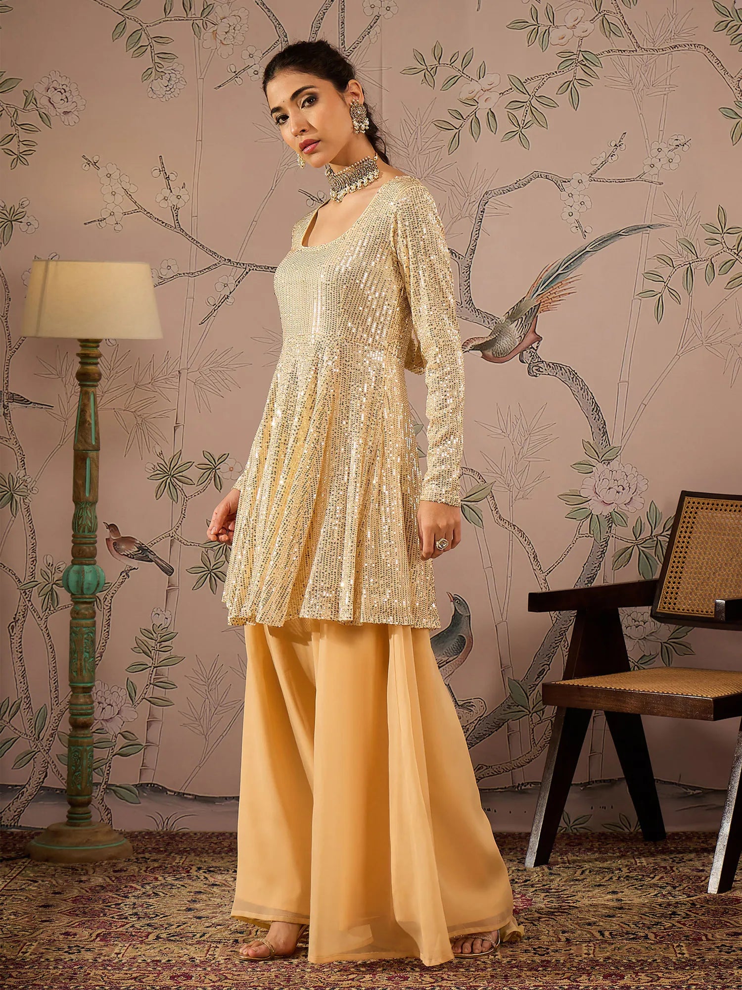 Gold Sequin Women's Designer Kurta Sets With Flared Pants