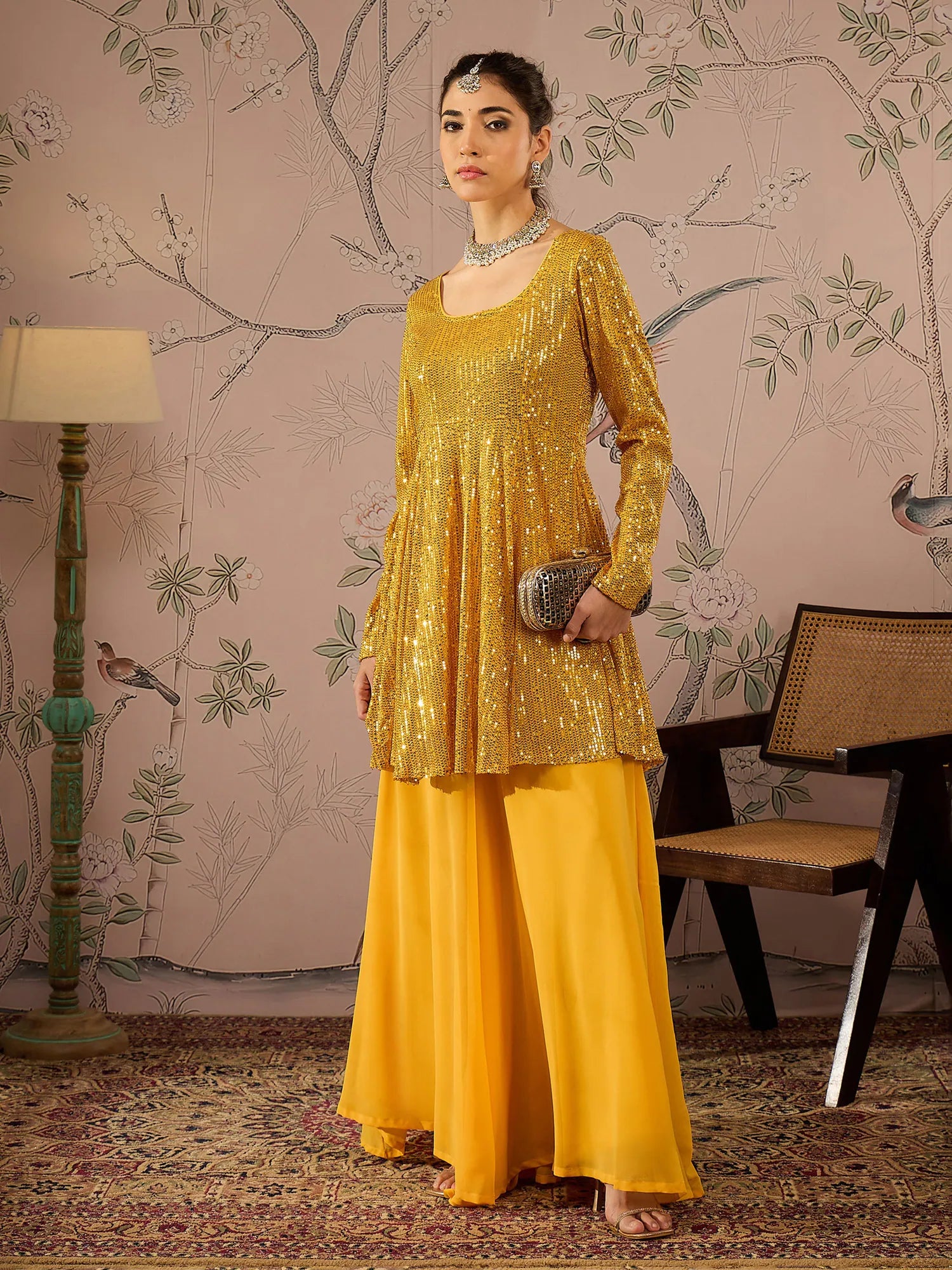 Yellow Sequin Women's Indian Kurta Sets With Flared Pants